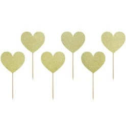 Cake Toppers - Guldglittrande hjärtan 6-pack
