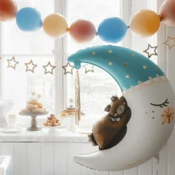 Folieballong - Halvmåne med teddybjörn blå 80 x 98 cm