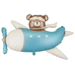 Folieballong Teddybjörn i blått flygplan 94 cm