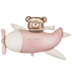 Folieballong Teddybjörn i rosa flygplan 94 cm