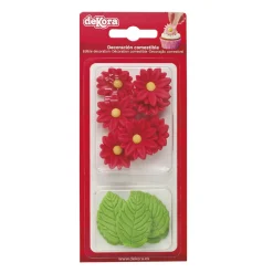 Sockerdekorationer Röda blommor med blad 12-pack