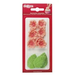 Sockerdekorationer Rosa blommor med blad 13-pack