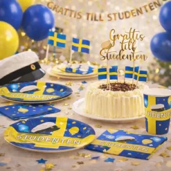 Studentkit för 24 personer med dukning, dekorationer och ballonger