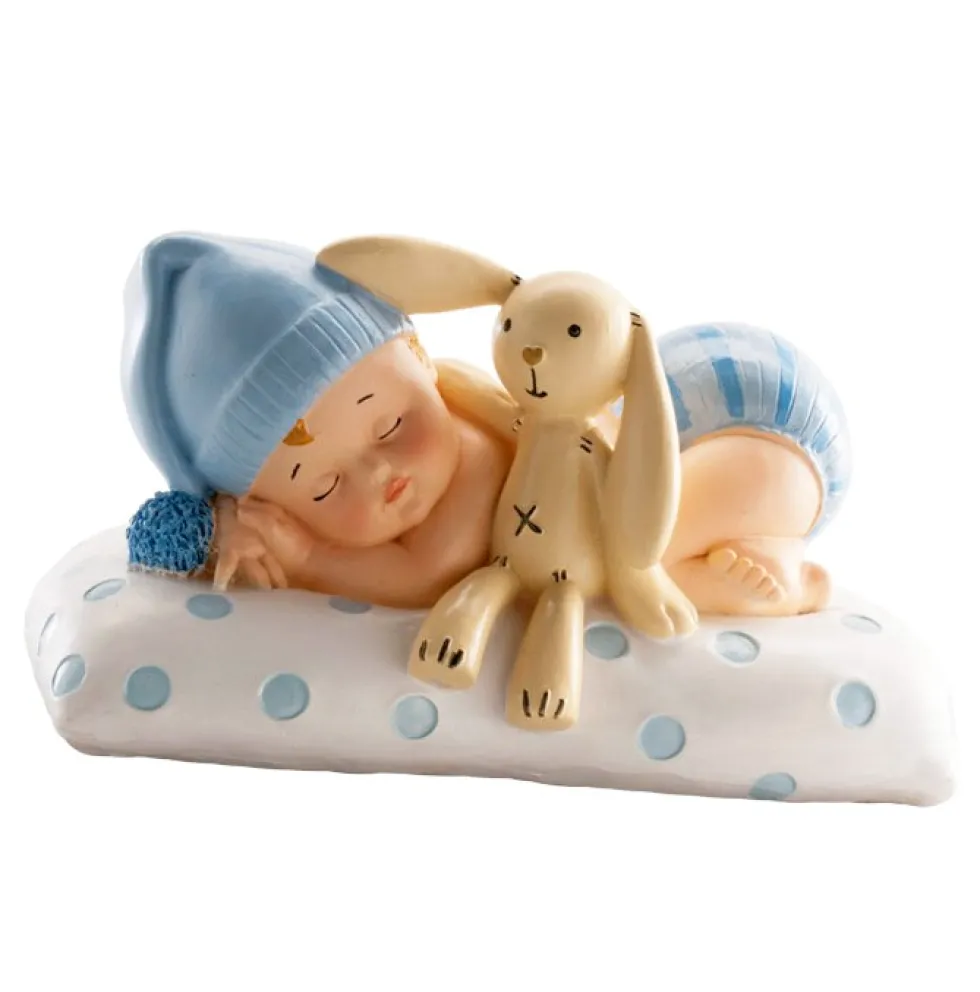 Tårtdekoration - Baby i blått med gosedjur 10 cm