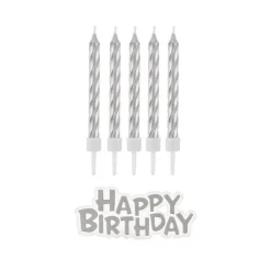 Tårtljus Silver 16-pack med Happy Birthday skylt