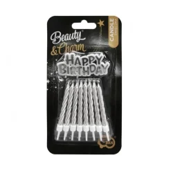 Tårtljus Silver 16-pack med Happy Birthday skylt